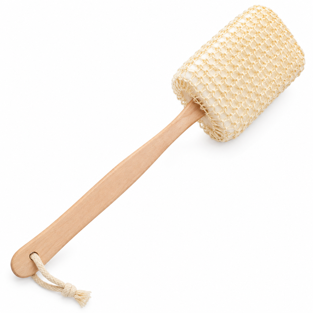 A natural loofah scrubber with a light wood handle and a small tassel, shown on a plain white background.