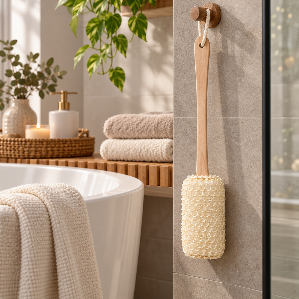 A beige textured bath brush with a light wood handle hangs from a wooden wall hook in a modern, sunlit bathroom next to a white bathtub.