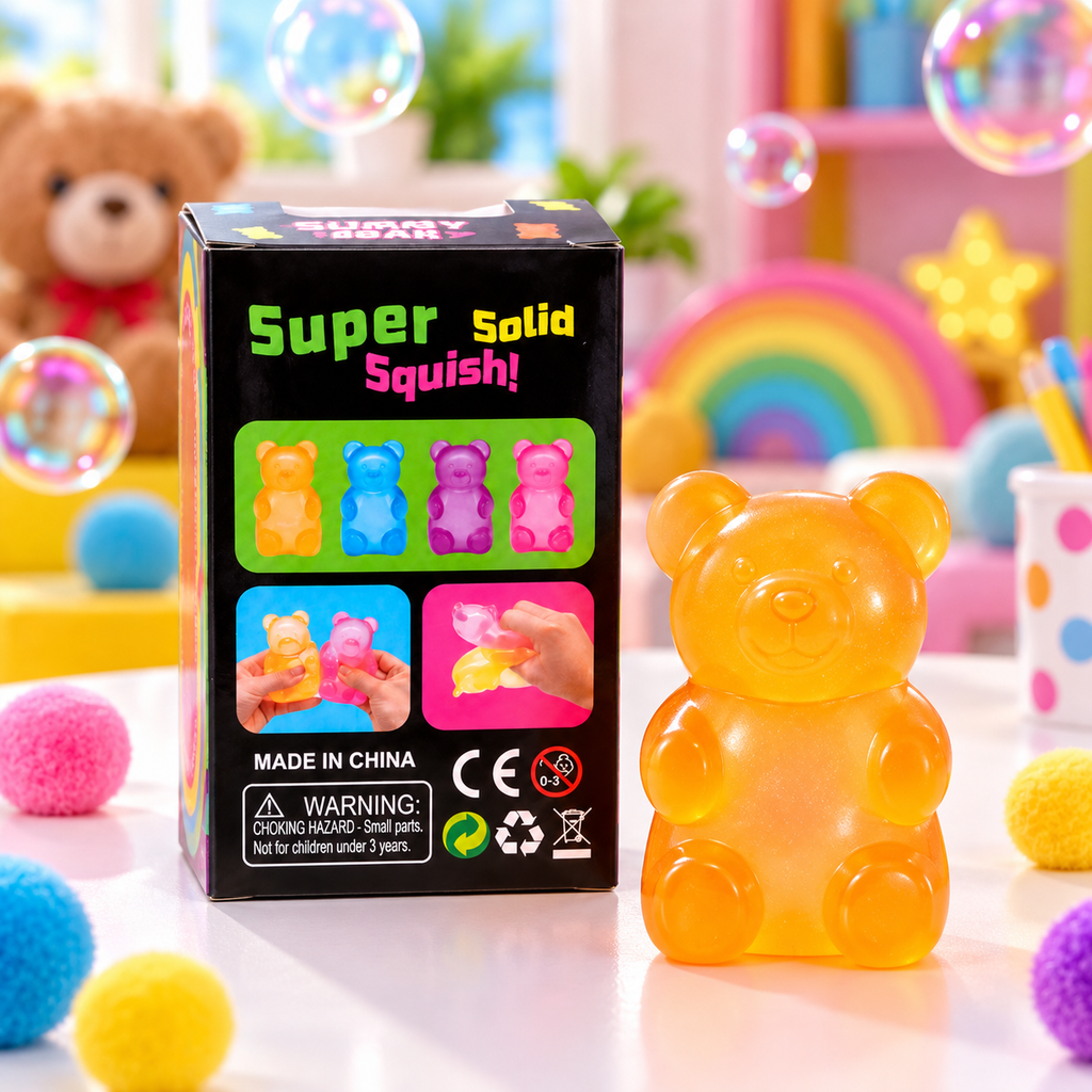 A box of 'Super Solid Squish!' toy gummy bears stands next to a translucent orange-yellow bear-shaped squishy toy on a colorful, playful background with bubbles, pom-poms, and a rainbow.