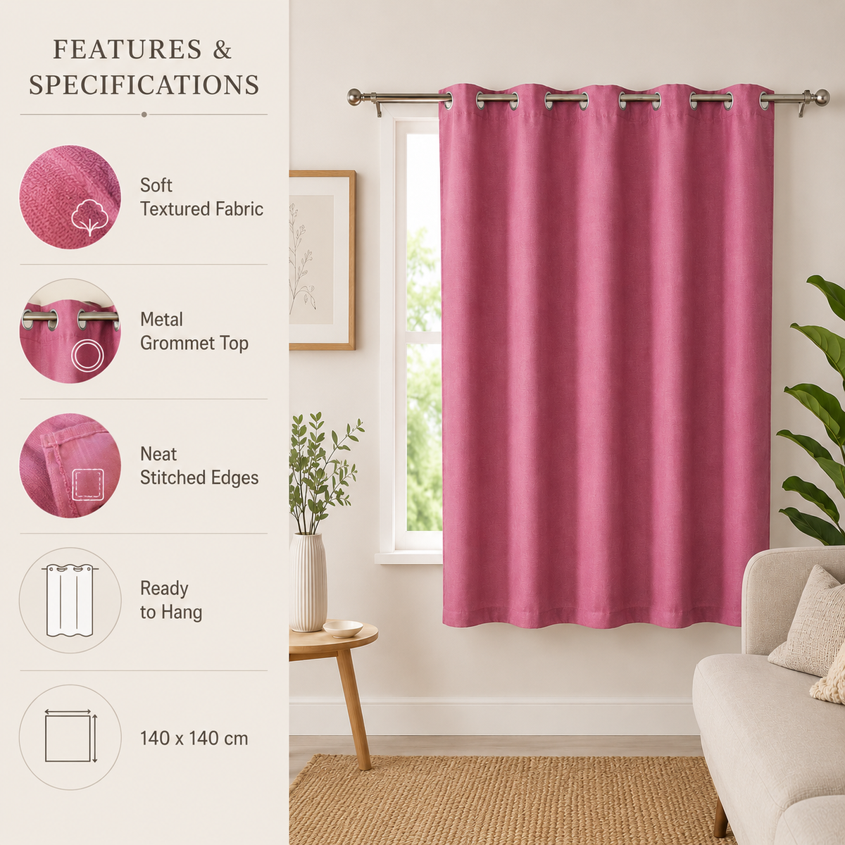 Pink window curtain with metal grommet top from 7AGAT, suitable for bedroom and living room, measures 140x140 cm.