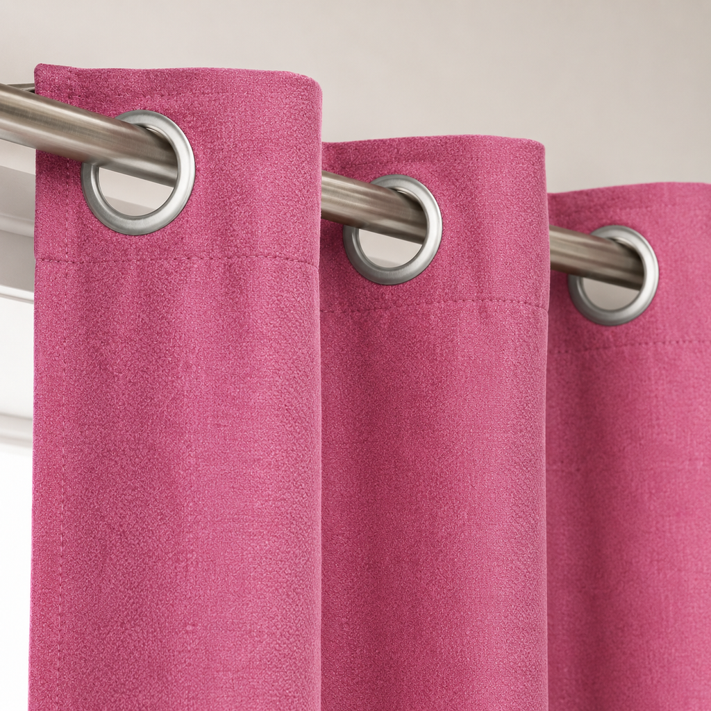 Close-up of a pink window curtain with metal grommet top, 140x140 cm, from 7AGAT, suitable for bedroom and living room.