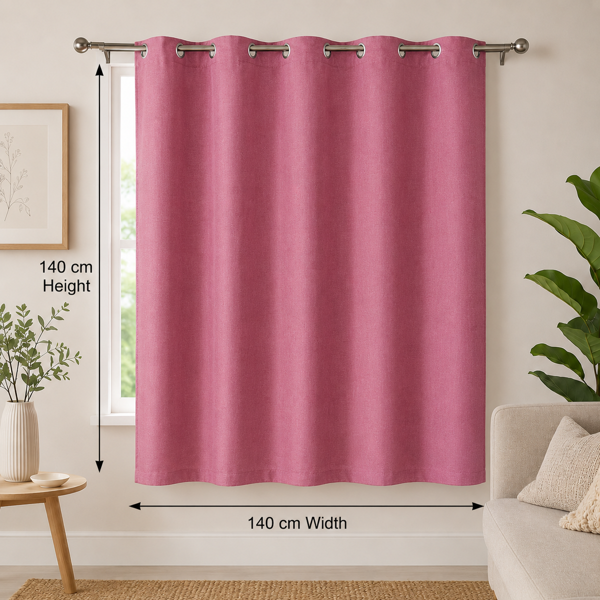 Pink window curtain with metal grommet top from 7AGAT, suitable for bedroom and living room, measuring 140x140 cm.