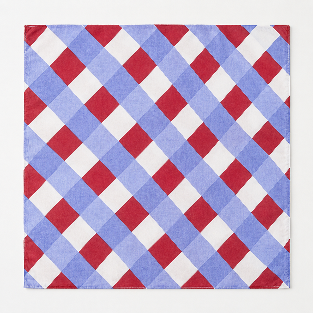 A square fabric bandana featuring a classic red, white, and light blue diagonal gingham check pattern, displayed flat against a clean off-white background.