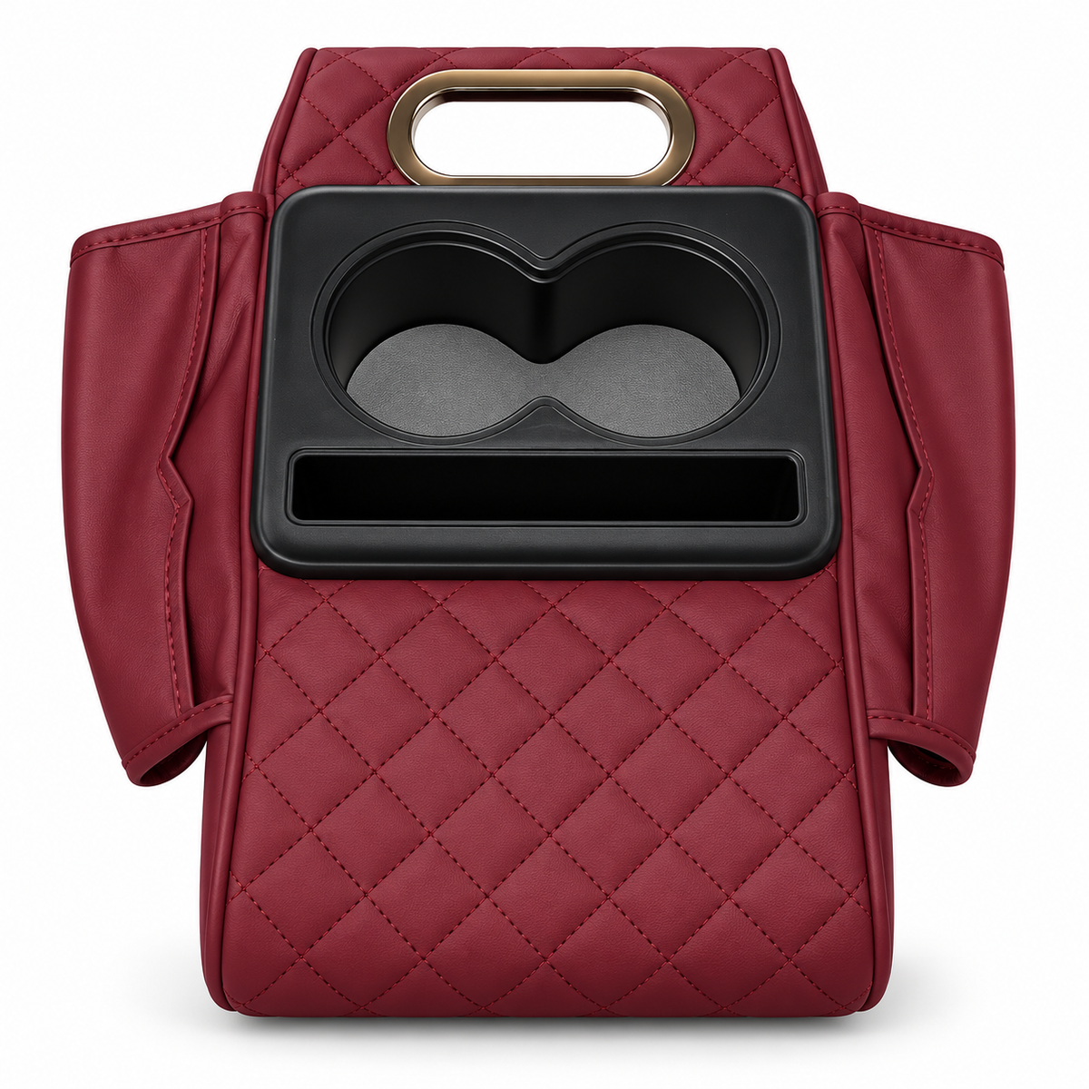 A structured burgundy quilted handbag with a black dual cup holder insert and a gold-tone top handle, shown on a clean white background.