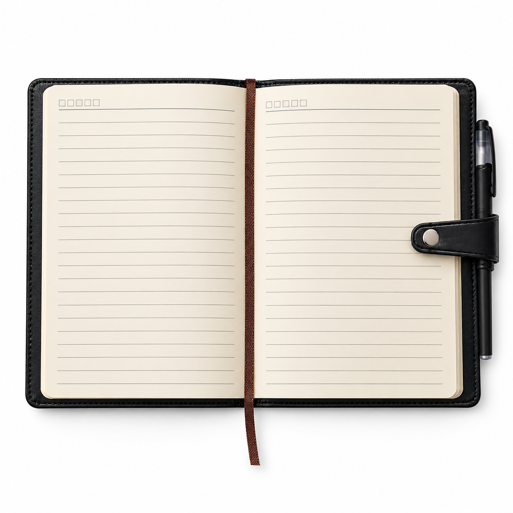 An open leather-bound planner or notebook with lined cream pages, a brown elastic bookmark ribbon, and a black pen attached on the right side, photographed on a clean white background.