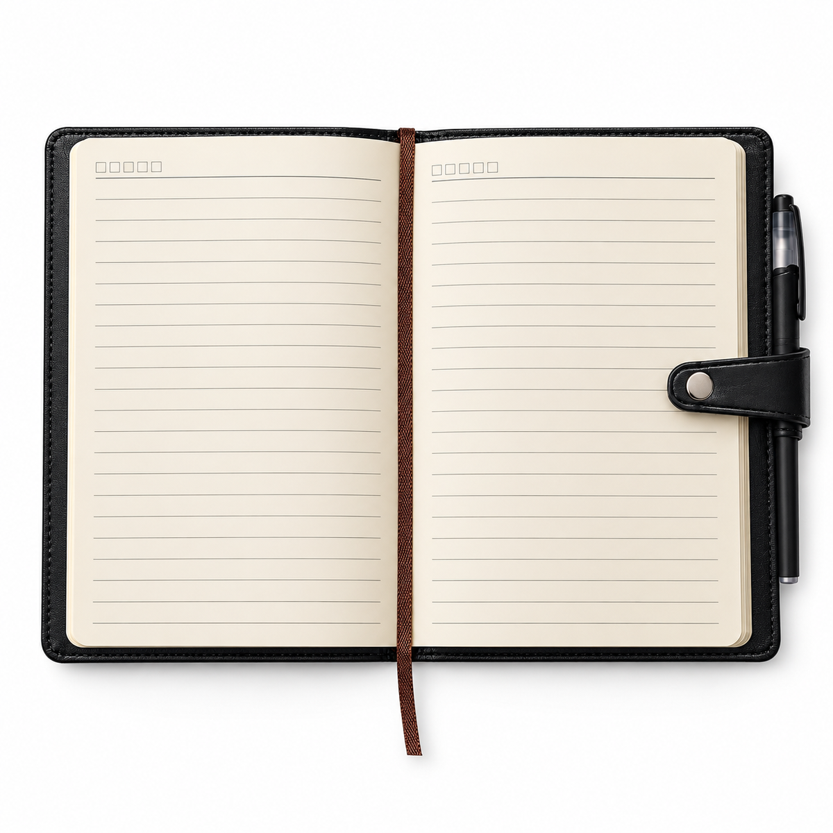 An open leather-bound planner or notebook with lined cream pages, a brown elastic bookmark ribbon, and a black pen attached on the right side, photographed on a clean white background.