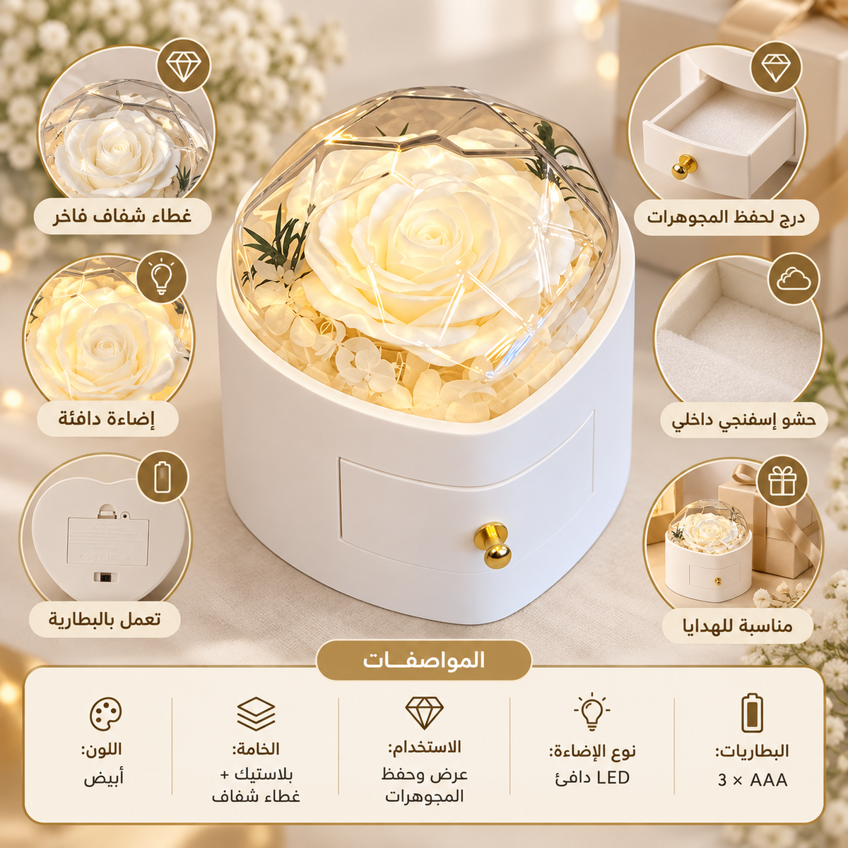 A white cylindrical rose-shaped keepsake box with a clear faceted dome lid, shown with Arabic callout graphics highlighting features such as a crystal flower insert, built-in LED light, storage compartments, and accessories. The box has a small front drawer with a gold knob and is photographed on a soft beige background.
