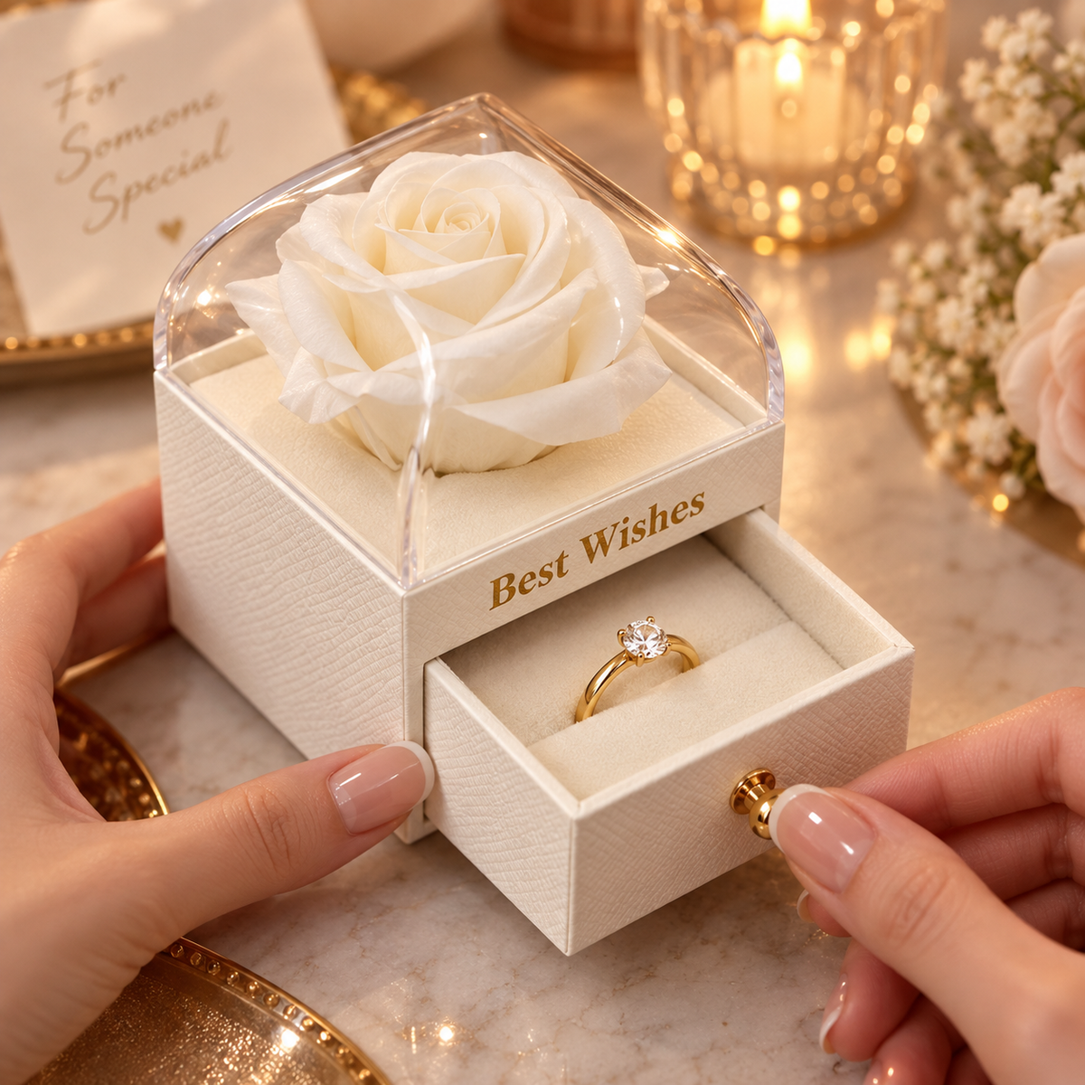 A cream-colored textured jewelry box with a clear acrylic dome lid and a small pull-out drawer. A white rose sits inside the lid, and the drawer is open to reveal a gold ring with a clear gemstone.