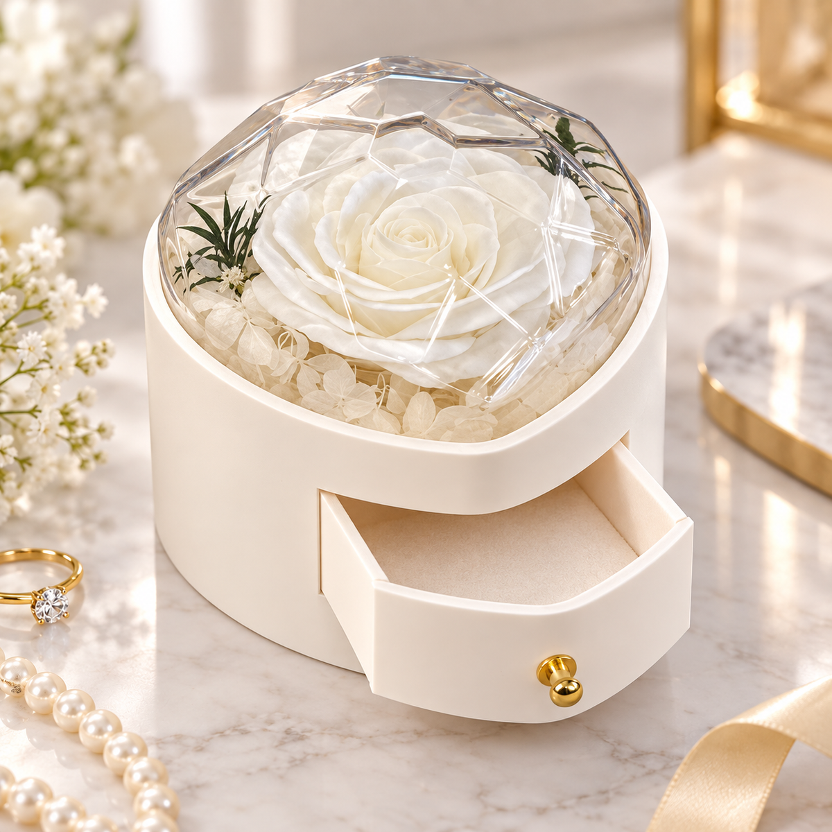 A cream-colored cylindrical jewelry box with a clear faceted dome lid containing a preserved white rose, set on a marble surface with a partially open drawer and gold-tone knob.
