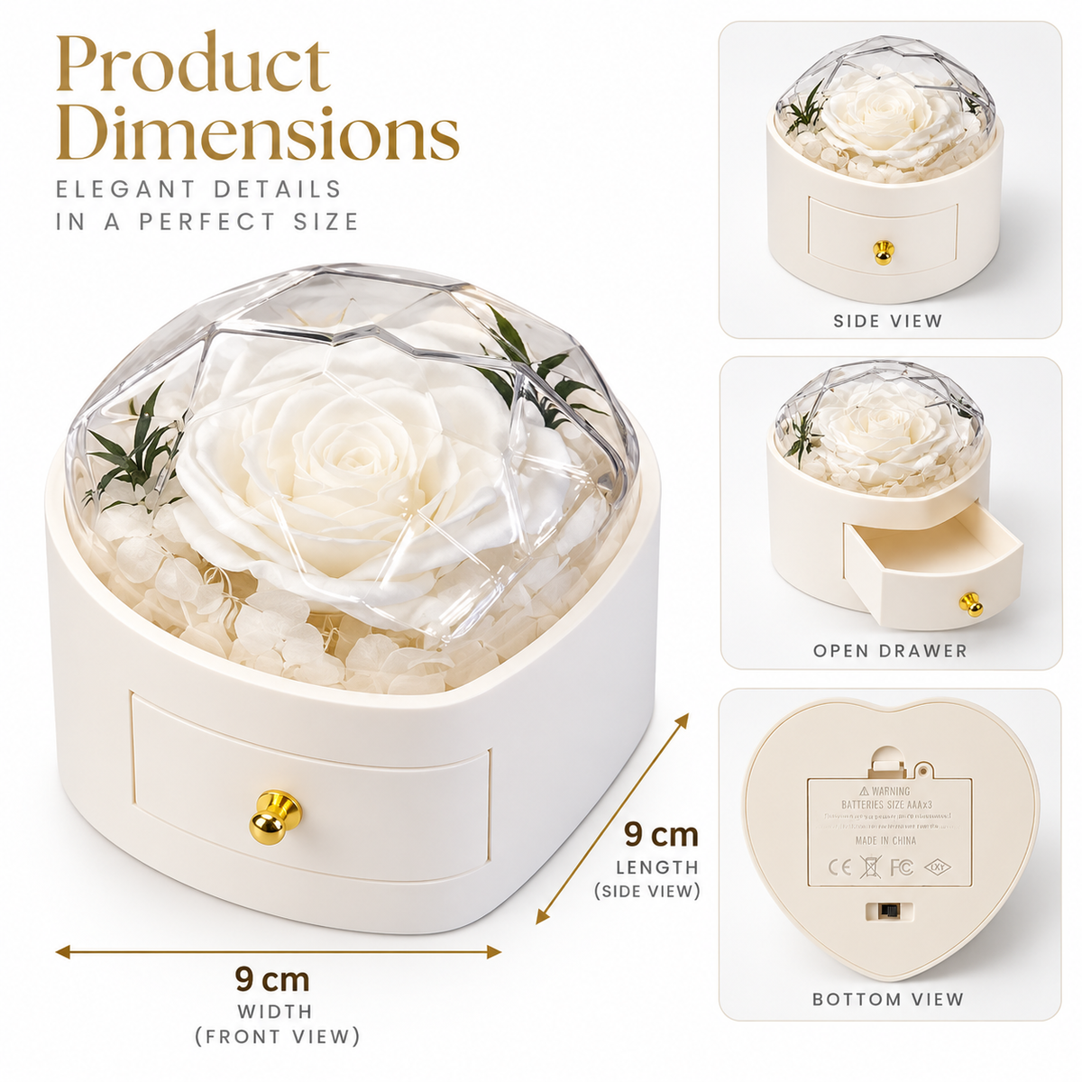 Product dimensions diagram for a preserved white rose jewelry box. The main front view shows a round cream-colored box with a small drawer, gold knob, and a clear domed cover holding a white rose.