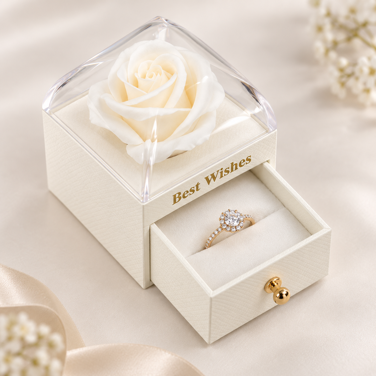 An off-white jewelry gift box with a clear lid and a small drawer pulled open, displaying a gold ring with a clear floral cluster setting. The box lid features a preserved white rose and the words 'Best Wishes' in gold.