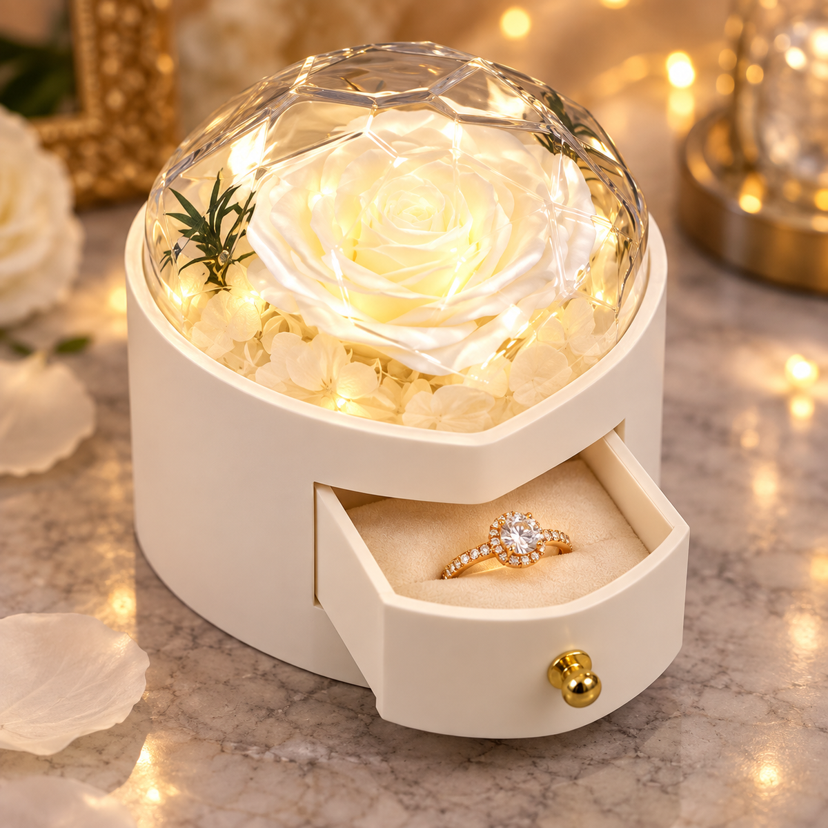 A cream-colored cylindrical flower box with a small front drawer holding a gold ring, topped with a preserved white rose under a clear dome and warm fairy lights, set on a marble surface with blurred holiday lights in the background.