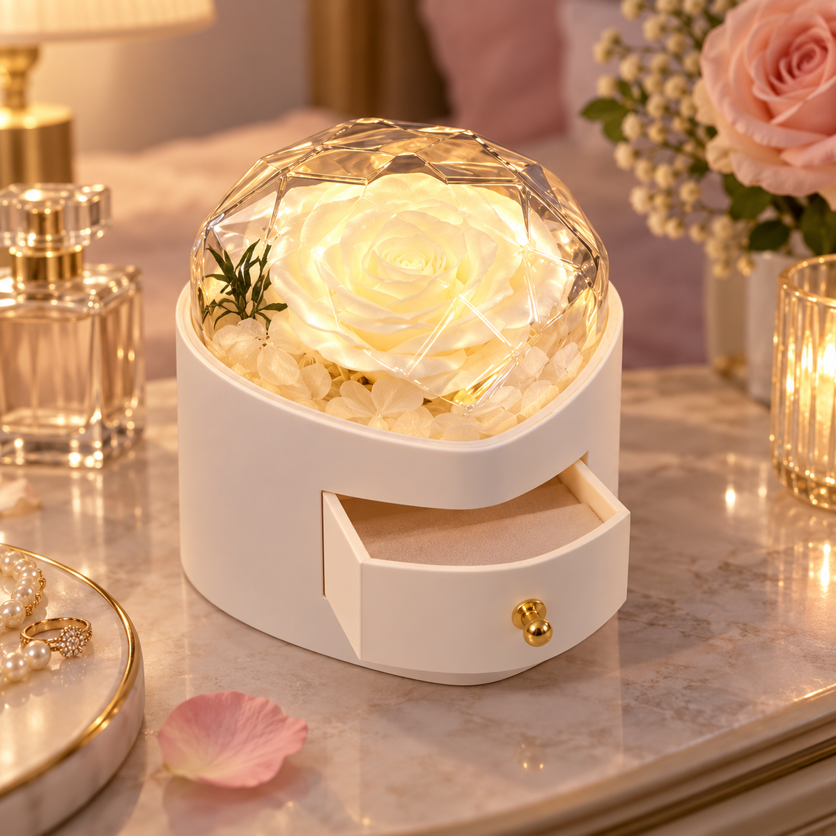 A white drawer-style preserved rose lamp with a faceted clear dome and warm glowing rose, placed on a marble surface in a softly lit room with flowers and glassware around it.