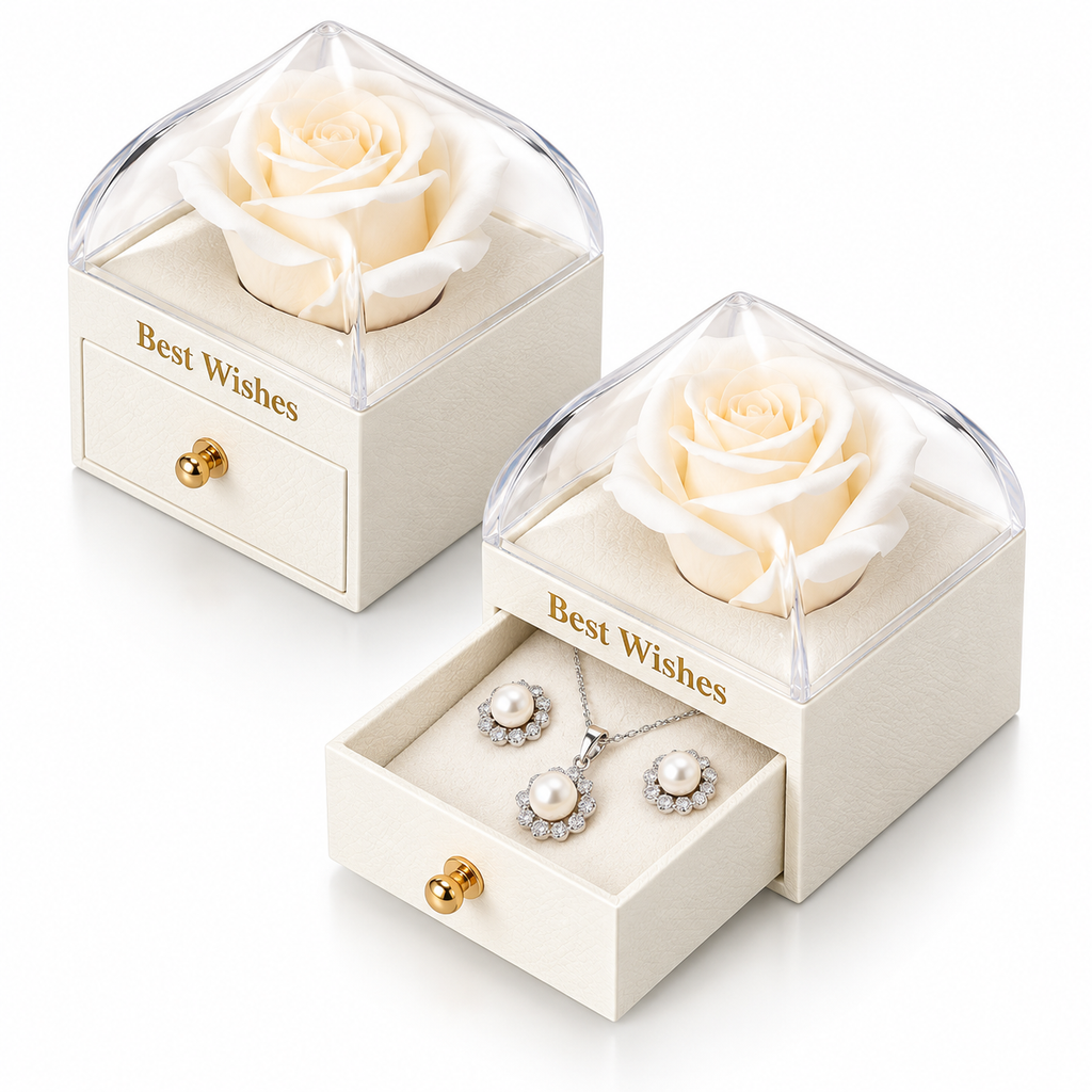 Two cream-colored jewelry gift boxes with clear domes, each featuring a preserved cream rose on the lid and the words 'Best Wishes' in gold. One box is closed, and the other has its front drawer pulled open to display a matching pearl necklace and pendant inside.