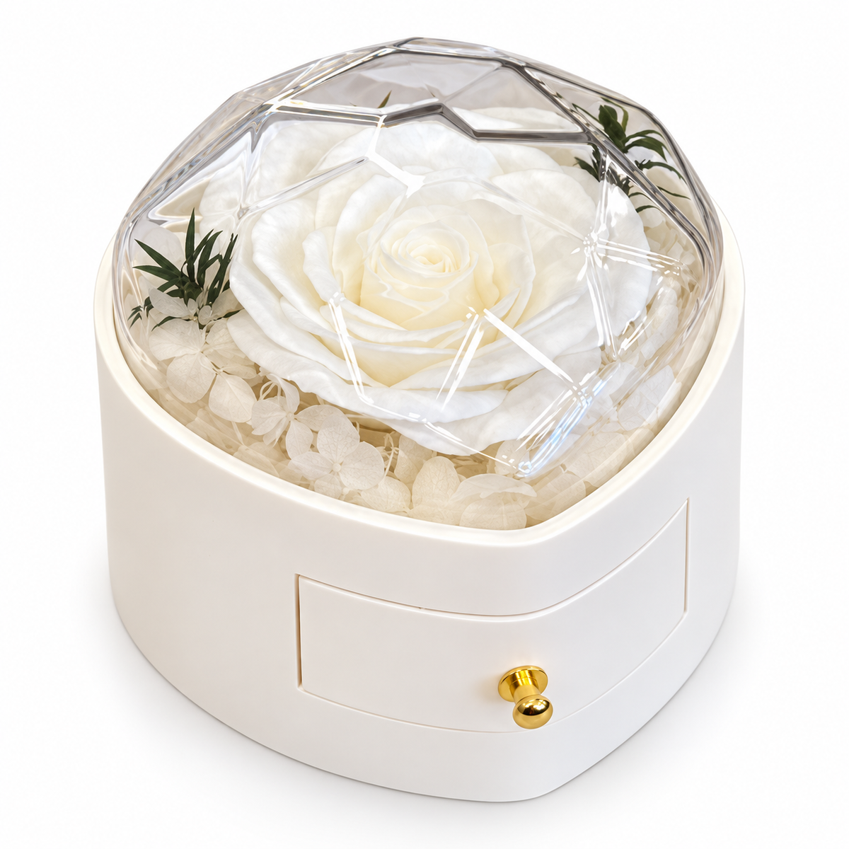 A preserved white rose inside a clear faceted dome, displayed in a round white box with a small front drawer and gold knob on a clean white background.