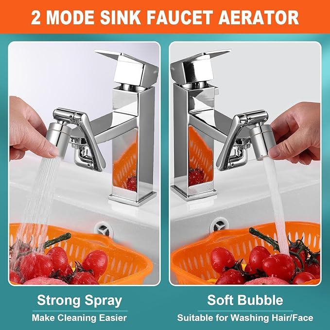 Two modes of a sink faucet aerator with water flow and fruits in an orange basket.