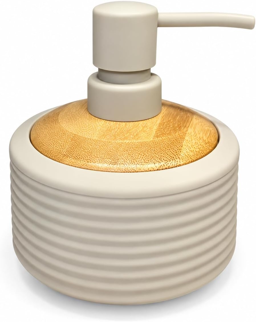 7AGAT Shopping beige round liquid soap dispenser with ribbed body and wood-look top
