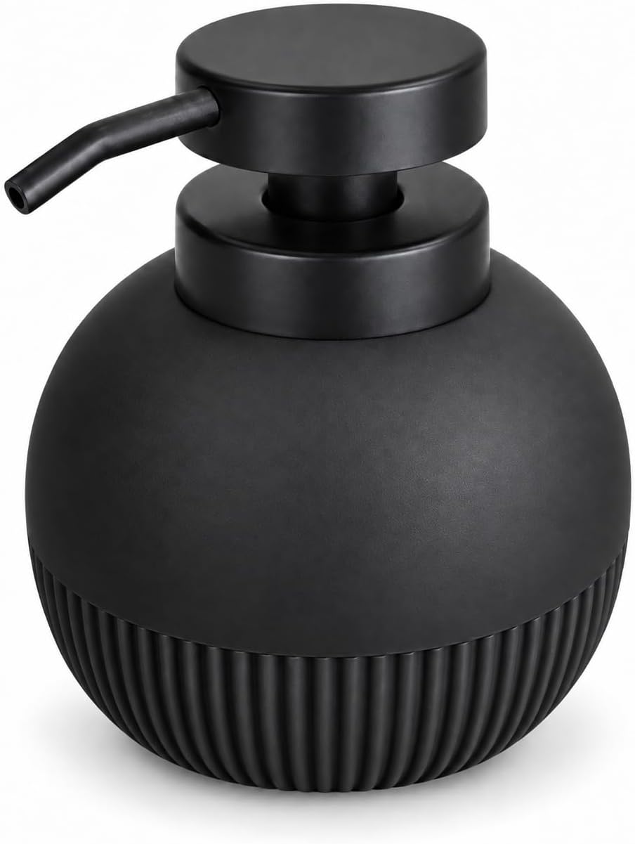 Matte black spherical soap dispenser with a ribbed lower section and a curved pump nozzle, shown on a white background.