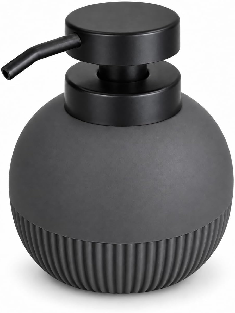 Matte Grey spherical soap dispenser with a ribbed lower half and a curved pump nozzle, shown on a clean white background.