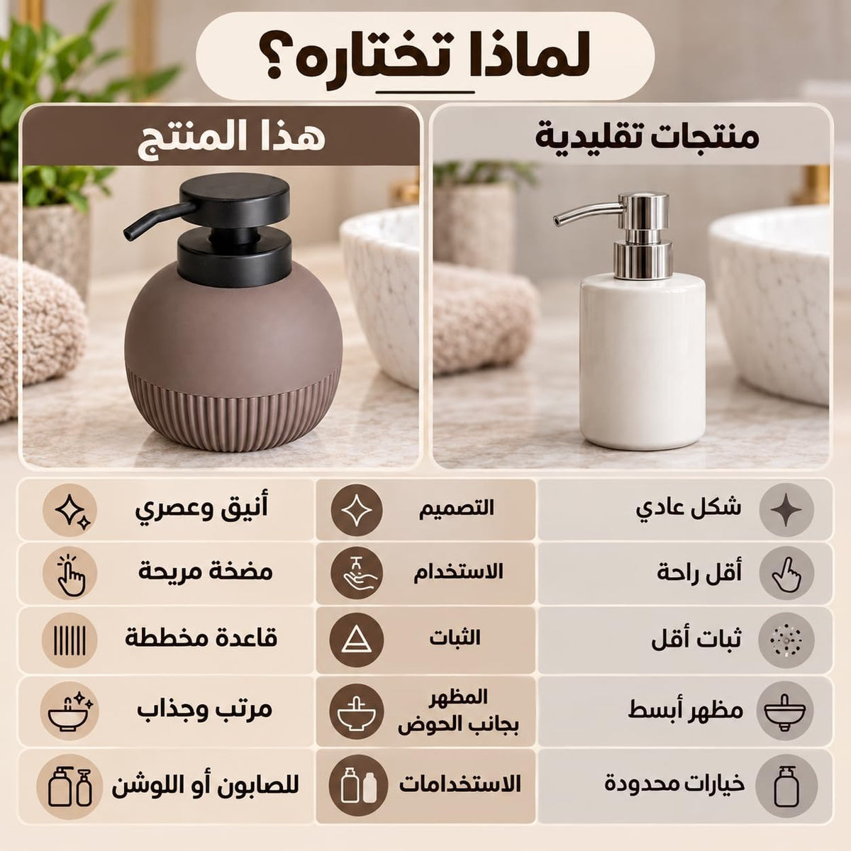 A promotional comparison graphic in Arabic showing two pump bottles side by side: a matte taupe-brown ribbed bottle with a black pump on the left, and a matte off-white cylindrical bottle with a silver pump on the right. The layout includes descriptive text and feature comparison points below, set against a soft bathroom-themed background with towels and bowls.