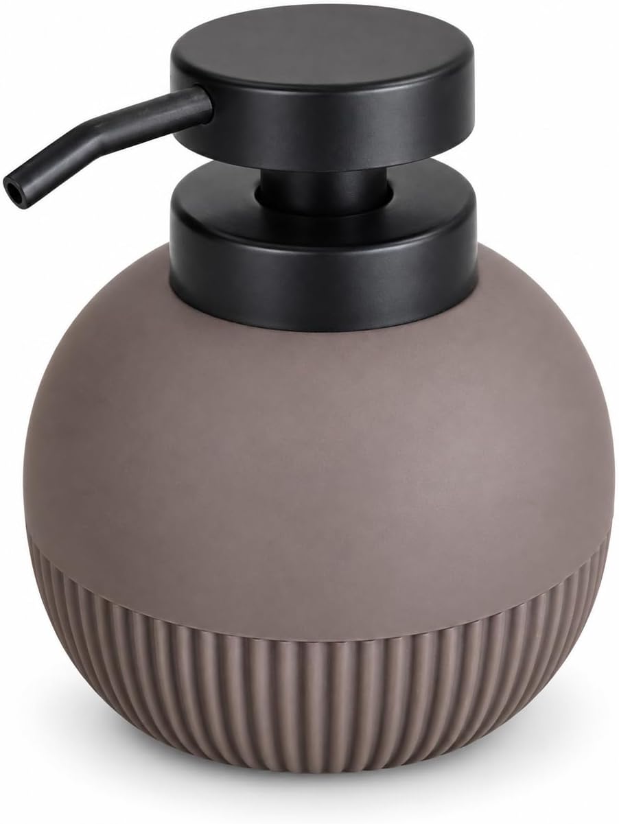 A spherical soap dispenser with a matte taupe-brown body featuring a ribbed lower section and a matte black pump dispenser with a curved spout, shown on a plain white background.