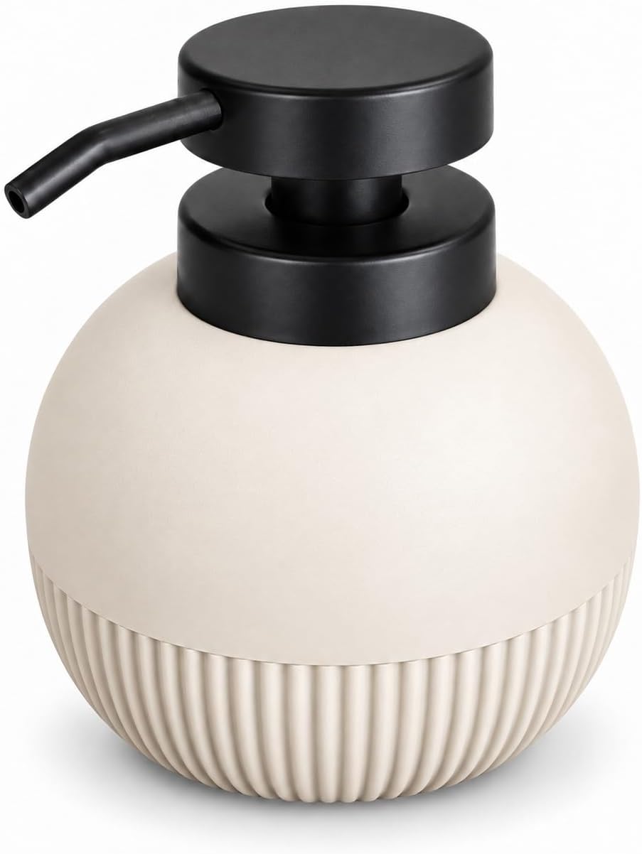 A spherical soap dispenser with a ribbed cream-colored body and a matte black pump dispenser, shown on a clean white background.