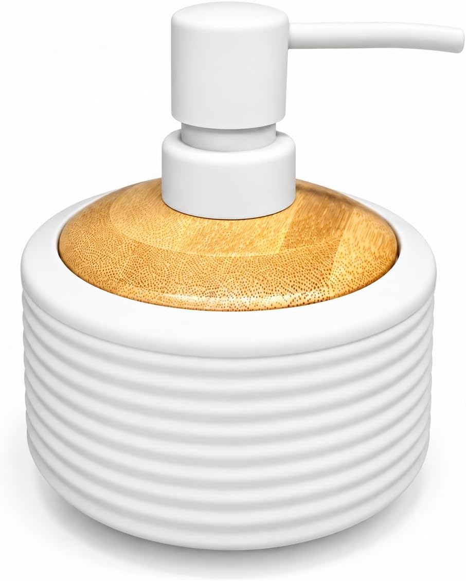 7AGAT Shopping white ribbed soap dispenser with manual pump and wood-look top
