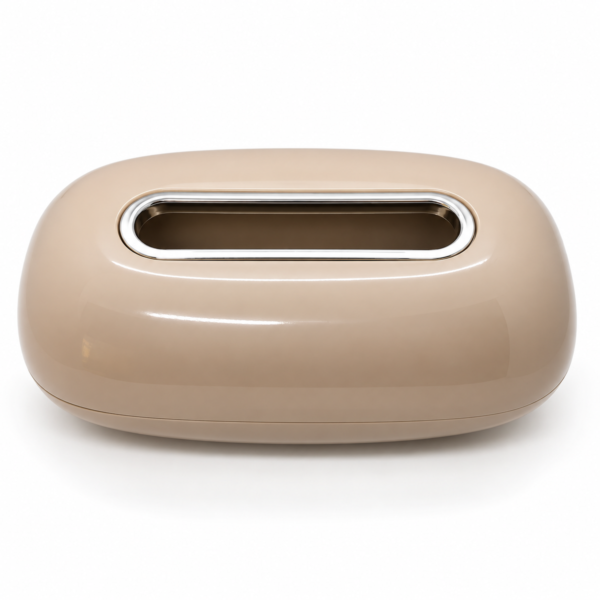 A glossy, rounded rectangular tissue box cover in a warm beige color, featuring a horizontal slot cutout with a polished silver metallic rim, set against a plain white background.