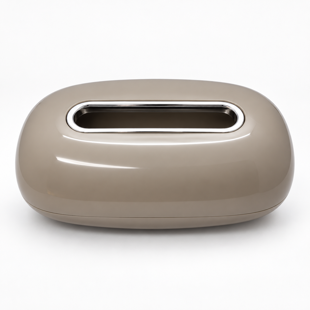A glossy taupe-brown tissue box cover with a silver metallic trim around the top opening, shown on a clean white background.