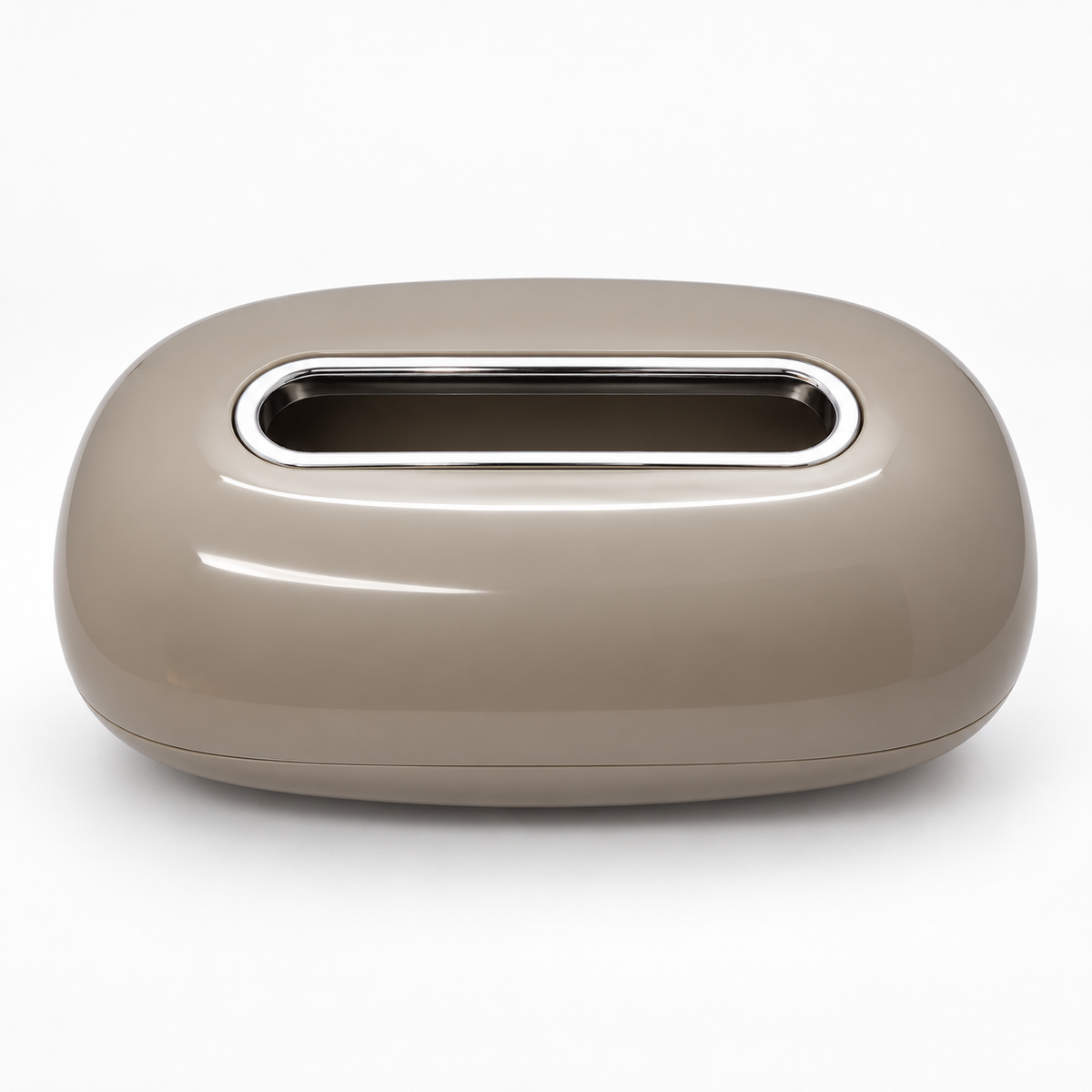 A glossy taupe-brown tissue box cover with a silver metallic trim around the top opening, shown on a clean white background.
