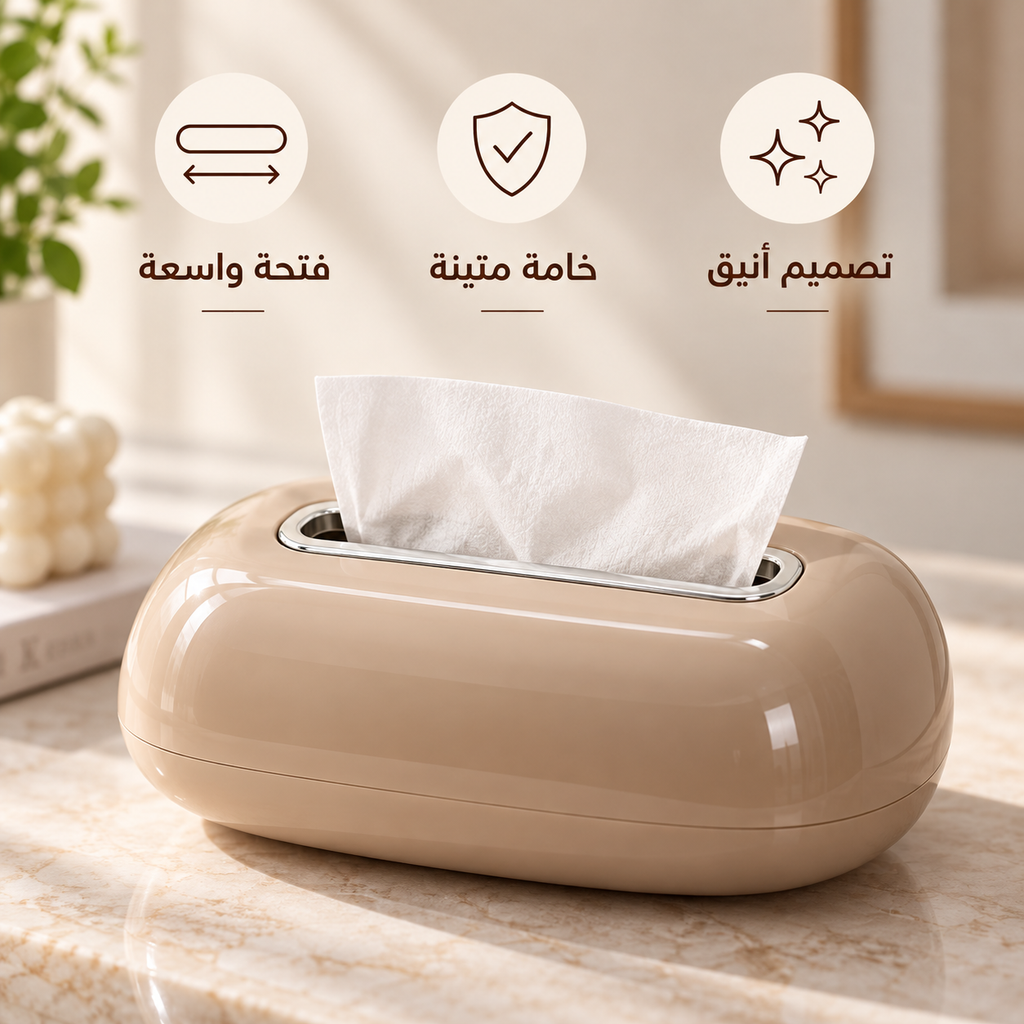 A beige tissue box dispenser with a white tissue paper partially pulled out, placed on a marble-like surface. Three circular feature icons with Arabic text appear above the product, and a softly blurred indoor setting is visible in the background.