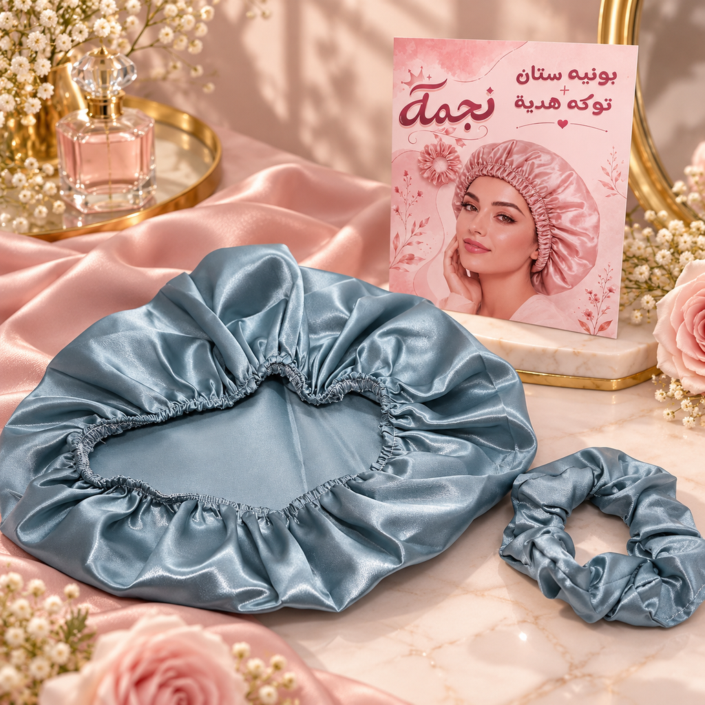 A satin shower cap in a dusty blue-gray color shown with a matching scrunchie, styled on pink satin fabric with flowers and a pink product card in the background.