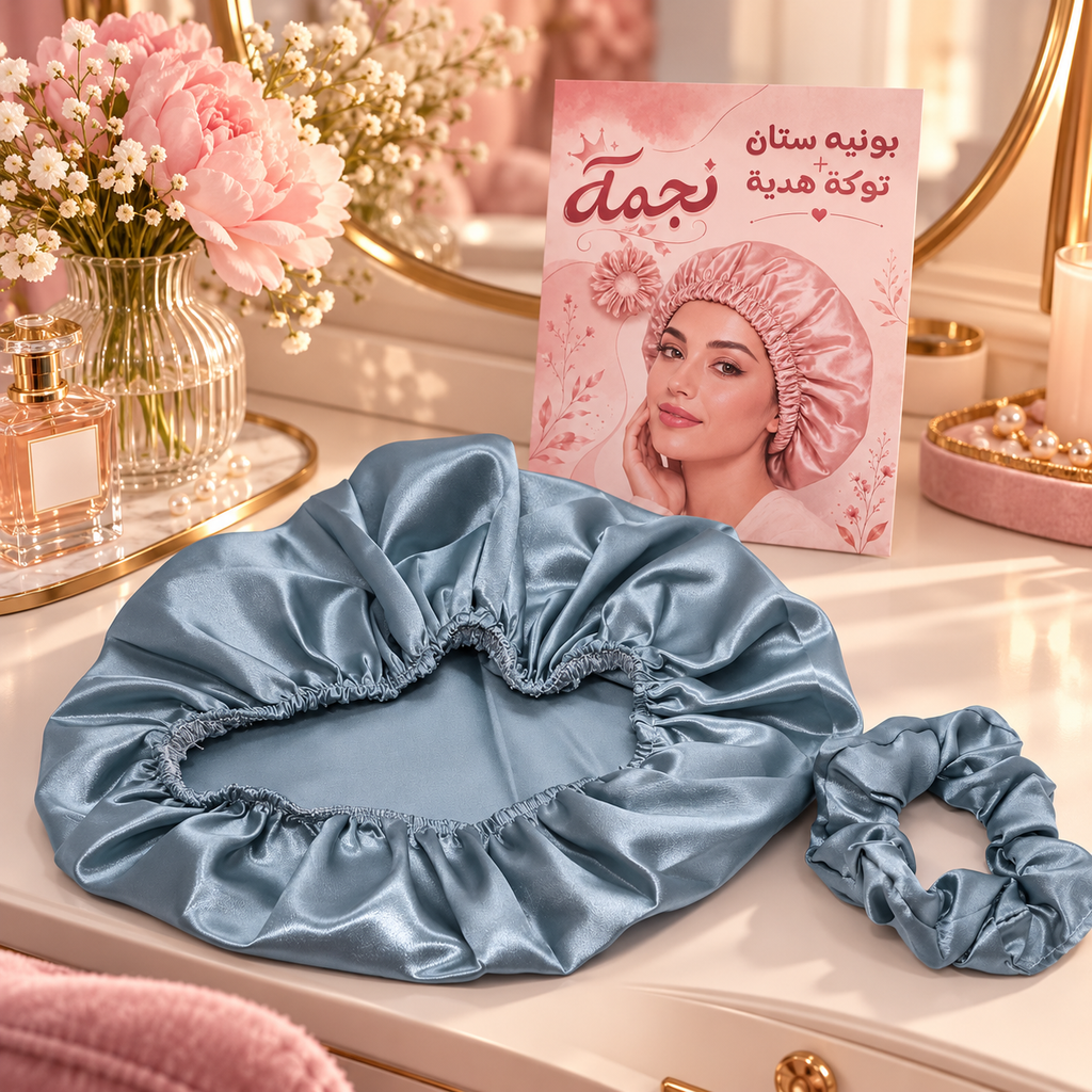 A satin shower cap in dusty blue is laid out on a vanity table, with a matching scrunchie beside it and a pink printed card featuring Arabic text and a model wearing the cap. The scene includes flowers, perfume bottles, and a mirror in a styled bathroom setting.