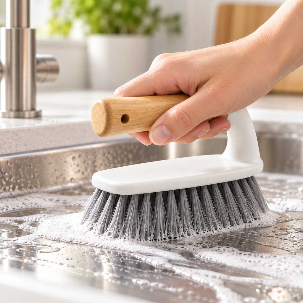 A hand holding a white and light wood-handled cleaning brush with gray bristles, scrubbing a soapy stainless steel sink.
