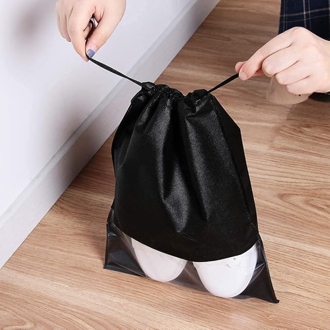 7AGAT Shopping black shoe storage bag showing adjustable drawstring closure
