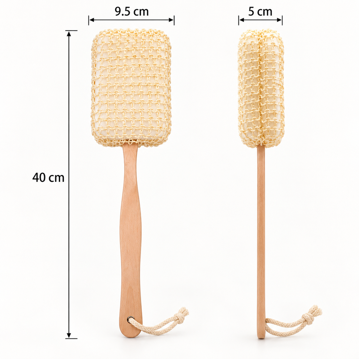 Two views of a natural beige scrub brush with a wooden handle and rope loop, showing dimensions of 40 cm height, 9.5 cm head width, and 5 cm handle width, on a white background.