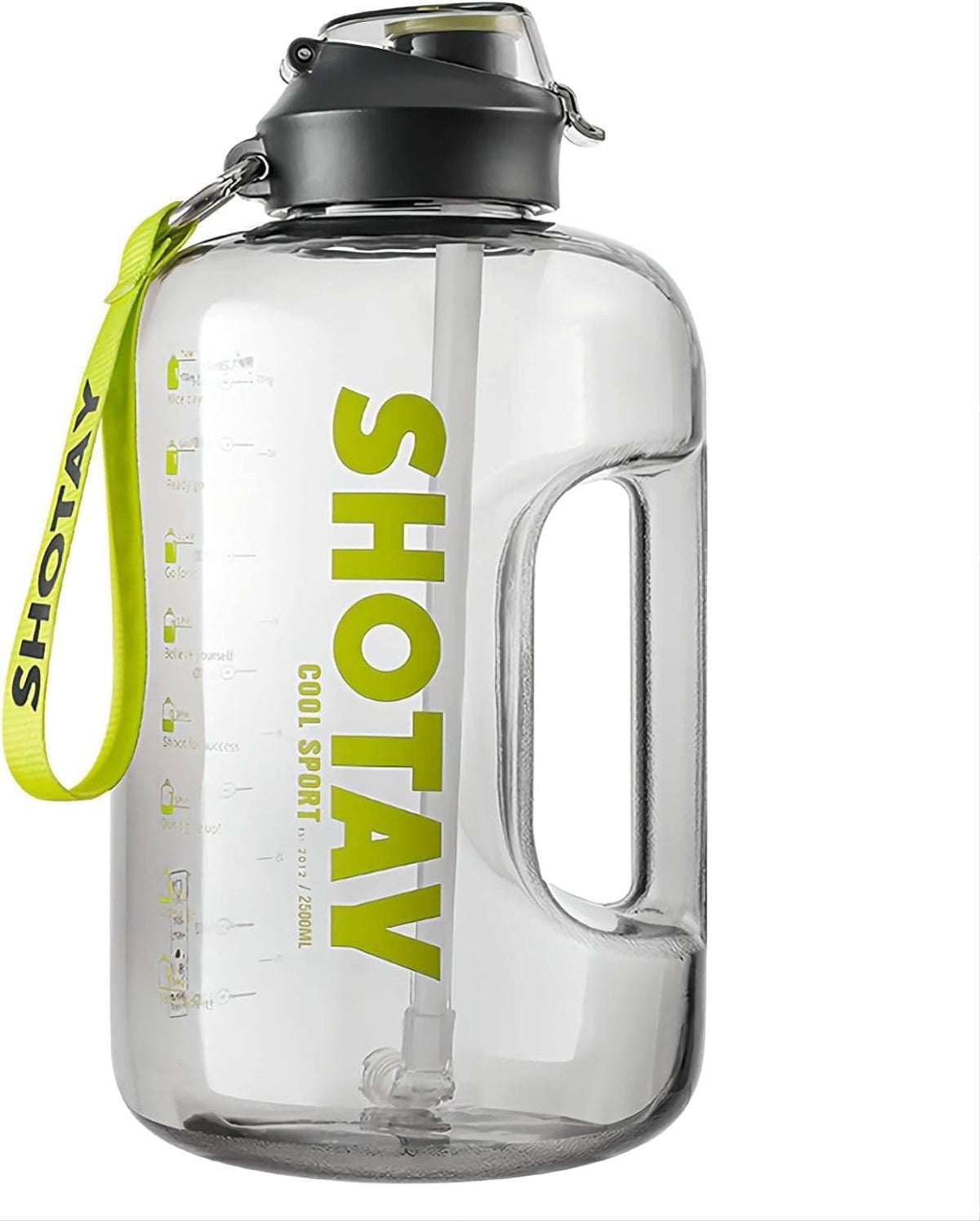 Clear water bottle with green text and a yellow handle on a white background