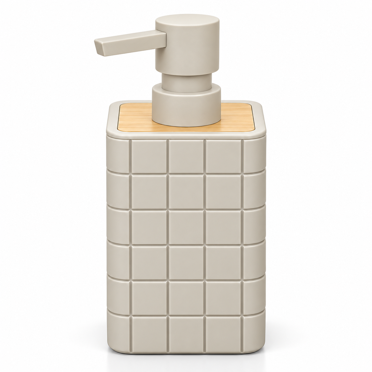 A modern rectangular pump dispenser bottle with a beige grid-patterned body, a light wood top panel, and a matching beige pump dispenser, shown on a clean white background.