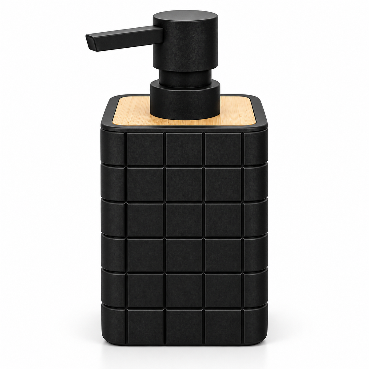 A modern black soap dispenser with a grid-textured body and a light natural wood top panel, featuring a matte black pump with a flat rectangular spout, shown on a clean white background.