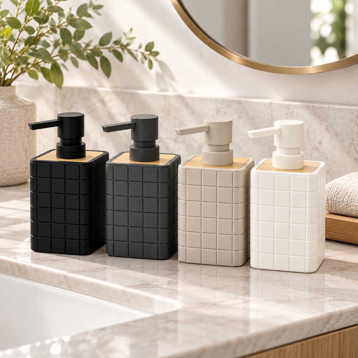 Four modern pump bottle soap dispensers with a grid texture, arranged on a marble bathroom counter. The set includes two black and two off-white/cream dispensers with light wood tops, styled with a plant and a gold-rimmed mirror in the background.
