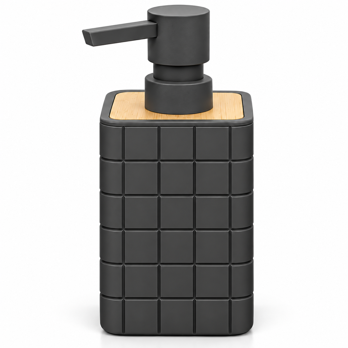 A modern rectangular soap dispenser with a dark charcoal gray grid-textured body, a light natural wood top panel, and a matching dark gray pump dispenser, shown on a clean white background.