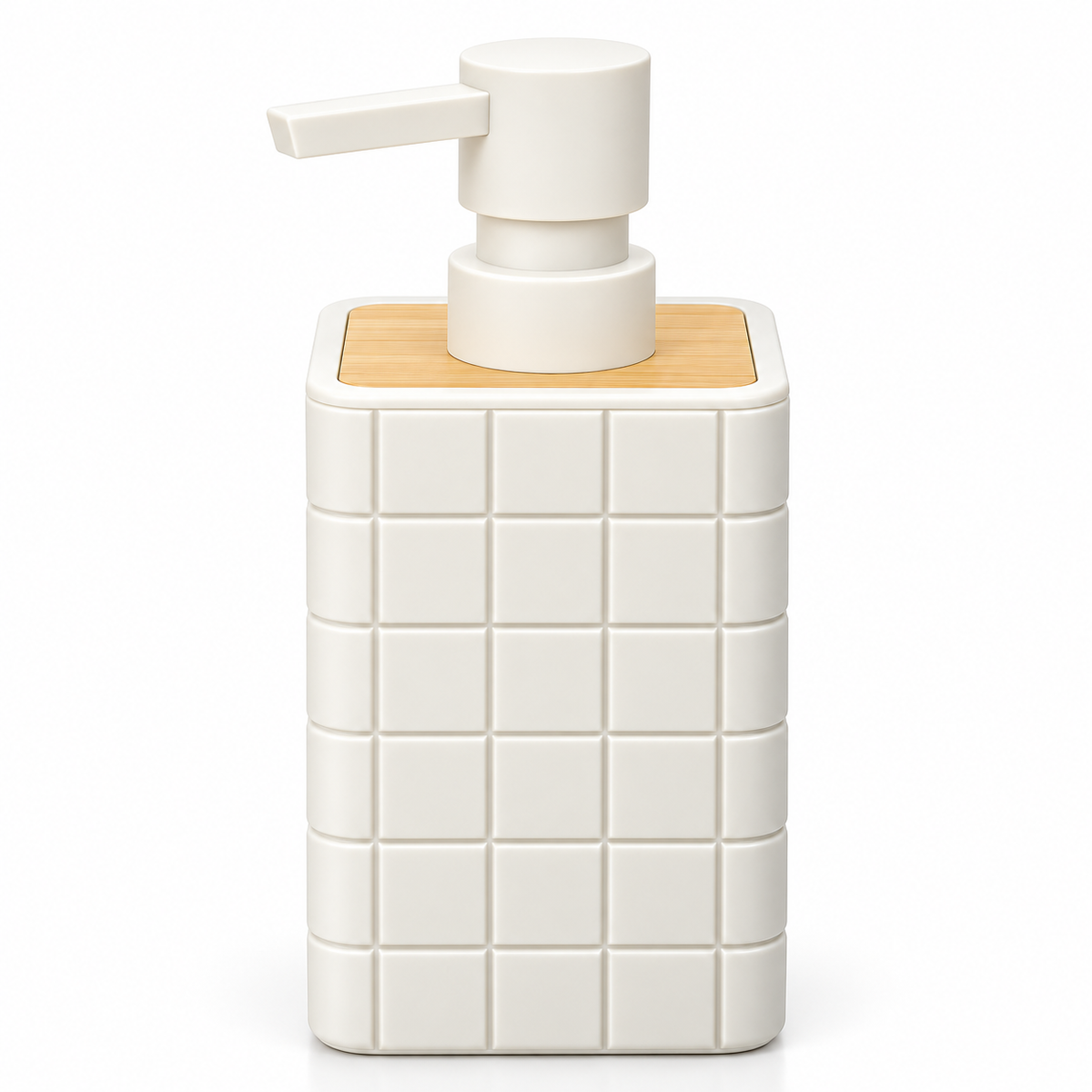 A modern rectangular soap dispenser with a white tiled grid pattern body, a light natural wood top panel, and a matching white pump dispenser on top, shown against a plain white background.