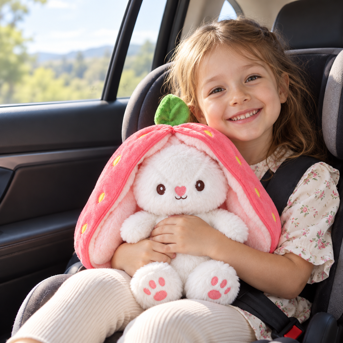 A young girl smiling in a car seat, holding a plush white bunny toy wrapped in a pink strawberry-shaped hood with a green leaf on top.