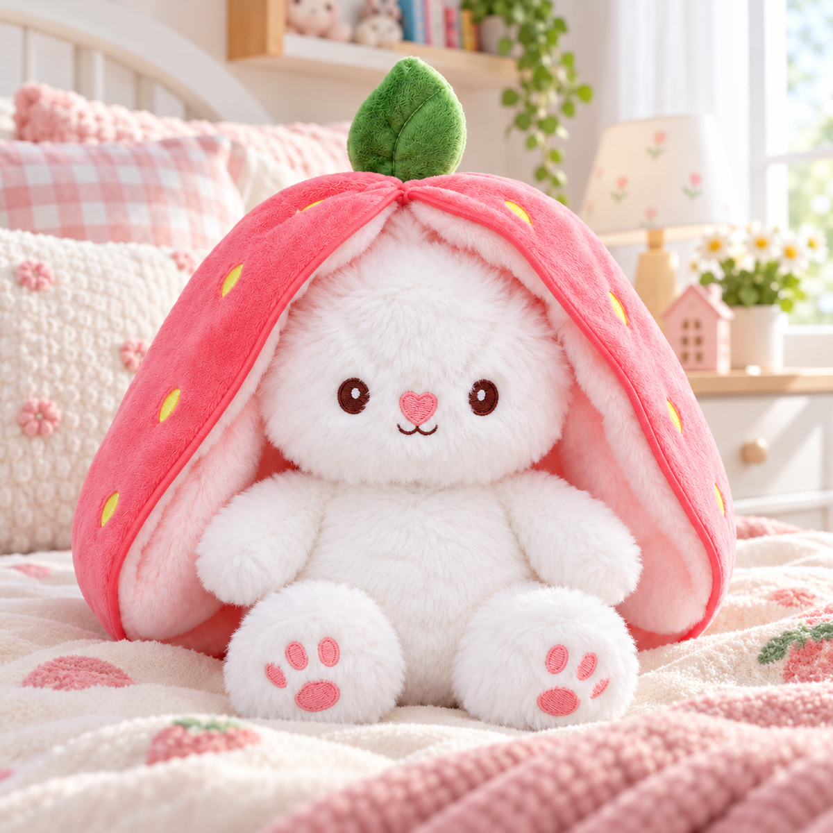 A white plush bunny toy sitting inside a pink strawberry-shaped hood or blanket with a green leaf on top, placed on a bed in a softly lit bedroom setting.