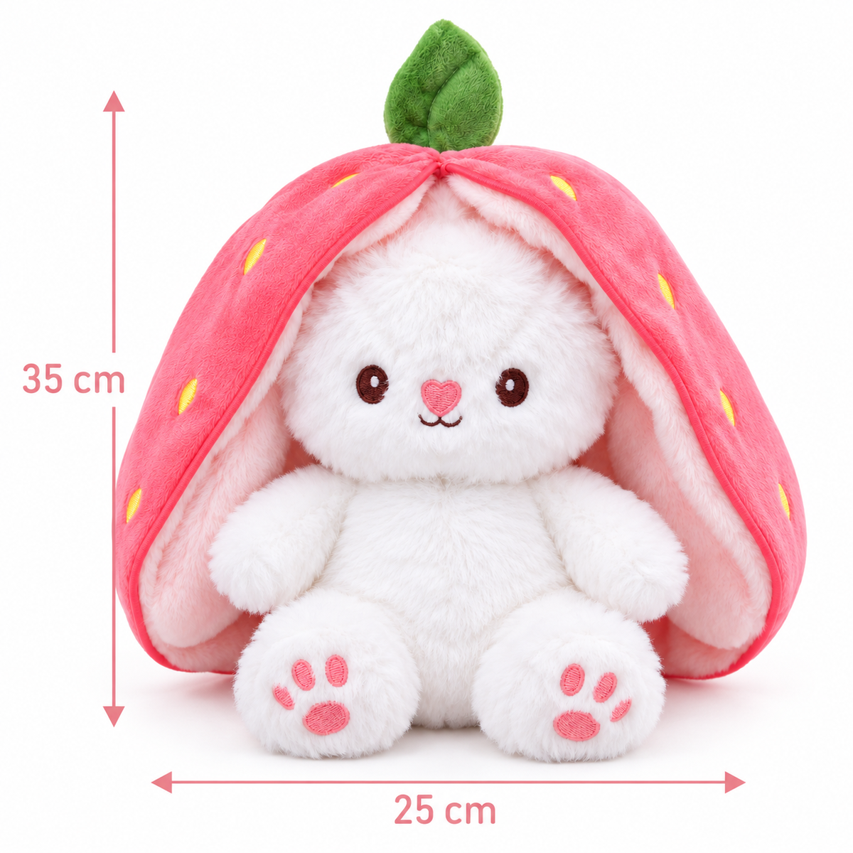 A white plush bunny toy sitting inside a pink strawberry-shaped hood or shelter with a green leaf on top. Red dimension arrows and labels show 35 cm height and 25 cm width on a plain white background.