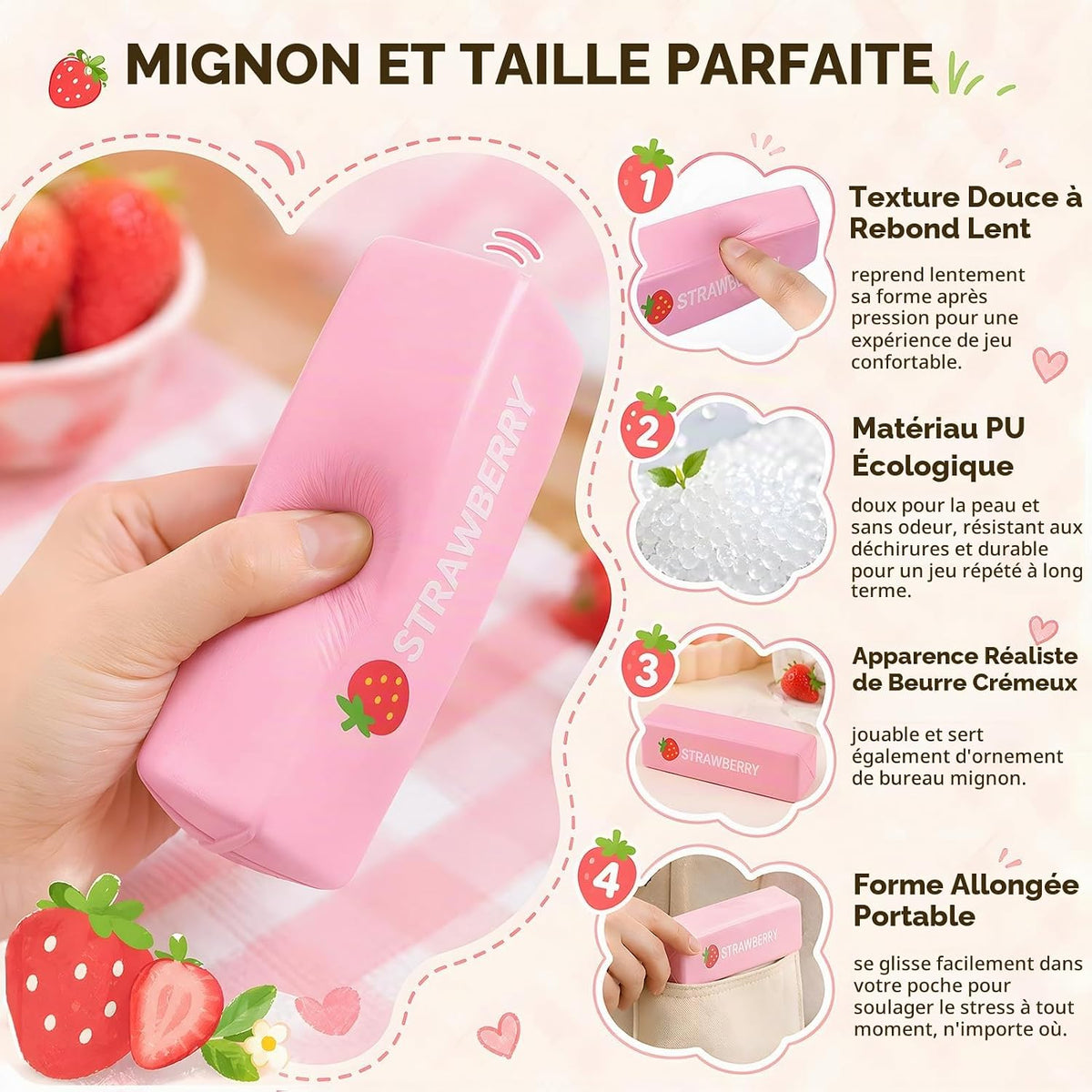 A pink strawberry-shaped massage tool held in a hand, with French promotional text and four numbered callouts describing its soft texture, eco-friendly PU material, realistic appearance, and portable shape. The background is a light beige with decorative strawberry illustrations.
