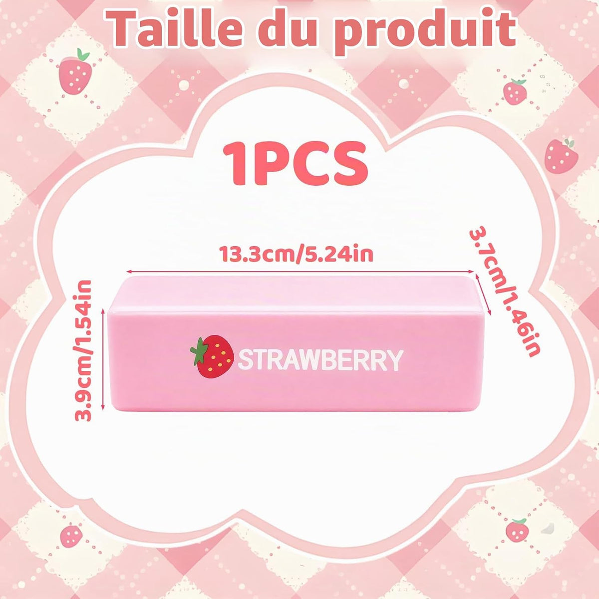 A pink rectangular box labeled "STRAWBERRY" with strawberry graphics, shown inside a cloud-shaped measurement graphic with dimensions in centimeters and inches. French text at the top reads "Taille du produit" and "1PCS.