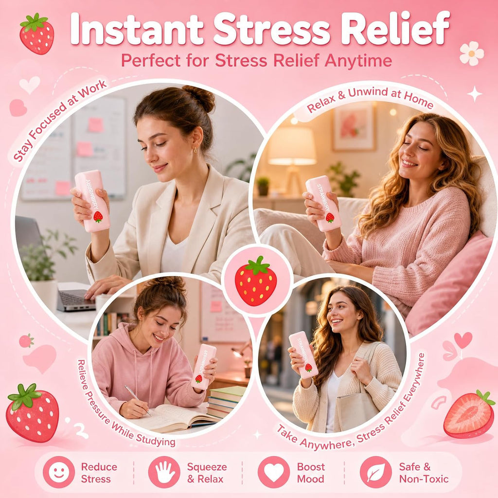 Pink promotional graphic for a strawberry-shaped instant stress relief spray, featuring four circular lifestyle photos of women using the spray in different settings, with text highlighting stress relief benefits.