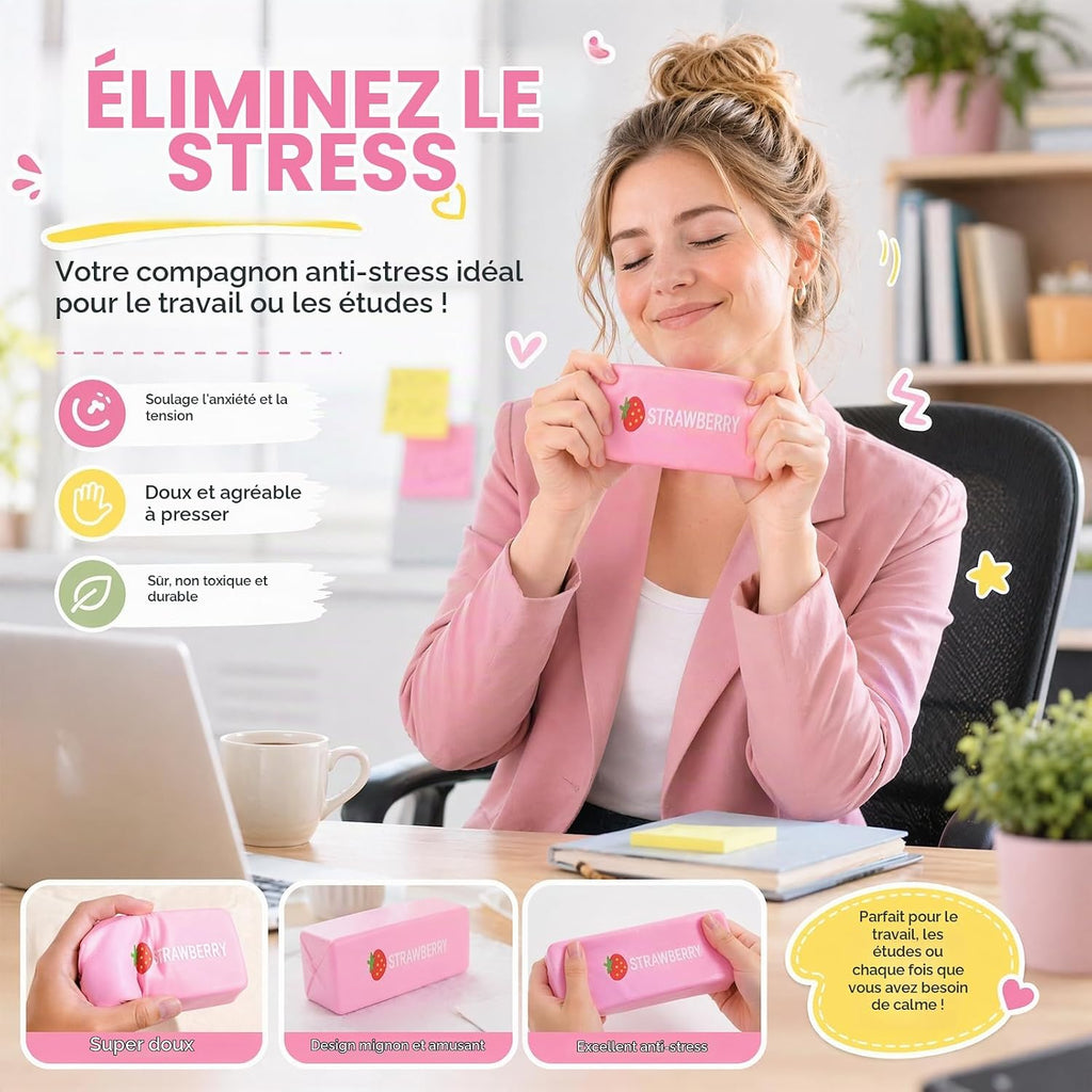 A woman in a pink blazer sits at a desk holding a pink handheld stress-relief device with the word STRAWBERRY visible on the front. The image includes French marketing text, feature callouts, and three small inset demonstration photos showing the device in use.