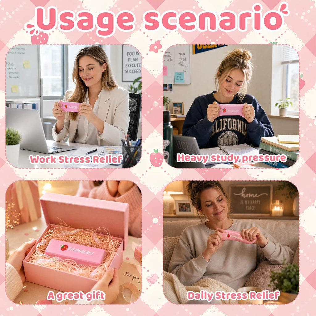 A pink promotional collage with the headline 'Usage scenario' and four lifestyle panels showing a woman using a small pink handheld device for stress relief, study support, gift packaging, and daily relaxation. Text labels each scene: 'Work Stress Relief,' 'Heavy study pressure,' 'A great gift,' and 'Daily Stress Relief.